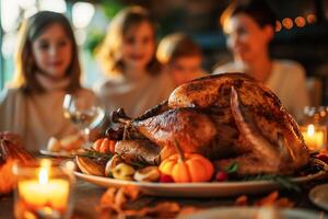 Close up photo of served table thanks giving dinner. thanksgiving family dinner. turkey close up
