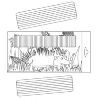Monochrome illustration for a back-to-school-themed coloring book page featuring plasticine in a nature setting with a hedgehog. vector