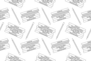 Black and white pattern featuring books labeled with various school subjects and pencils. Ideal for educational coloring books. vector