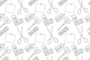 A seamless black-and-white pattern featuring glue, scissors, and paper. Perfect for coloring books and educational projects. vector