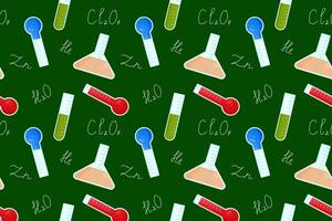 Seamless pattern featuring colorful chemistry lab equipment, including test tubes, flasks, and thermometers, on a dark green background. vector