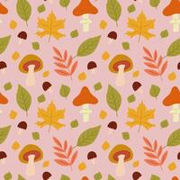 Autumn Seamless Pattern on Pink Background, Mushrooms and Leaves Seamless Pattern vector