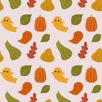 Seamless pattern with pumpkins, autumn leaves and cute ghosts, Seamless Pattern vector