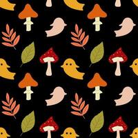 Seamless pattern with pumpkins, autumn leaves, mushrooms, and cute ghosts on black background, Seamless Pattern vector
