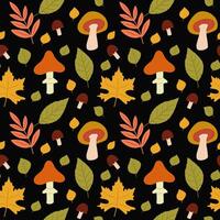 Autumn Seamless Pattern on Pink Background, Mushrooms and Leaves Seamless Pattern vector
