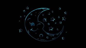 Neon frame effect, crescent moon with a happy face and twinkling stars on black background video