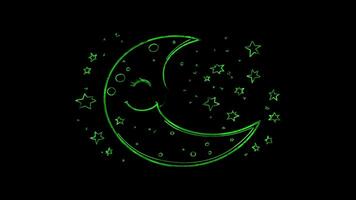 Neon frame effect, crescent moon with a happy face and twinkling stars on black background video