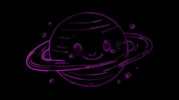 Neon frame effect, cute planet with a smiling face and rings. on black background video