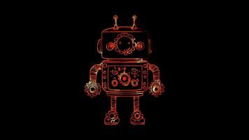 Neon frame effect, robot with a happy expression and space-themed decorations on black background video