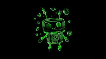 Neon frame effect, robot with a happy expression and space-themed decorations on black background video