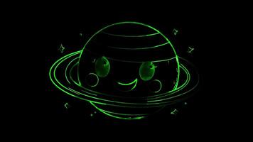 Neon frame effect, cute planet with a smiling face and rings. on black background video