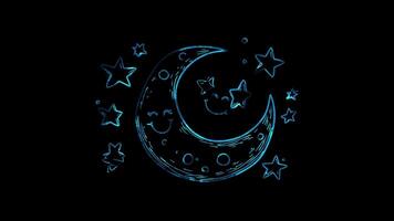 Neon frame effect, crescent moon with a happy face and twinkling stars on black background video