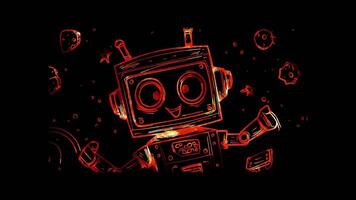 Neon frame effect, robot with a happy expression and space-themed decorations on black background video