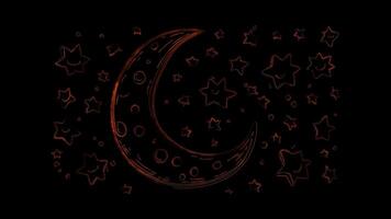 Neon frame effect, crescent moon with a happy face and twinkling stars on black background video