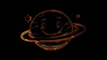 Neon frame effect, cute planet with a smiling face and rings. on black background video