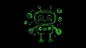 Neon frame effect, robot with a happy expression and space-themed decorations on black background video