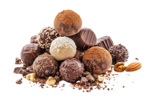 Assorted gourmet chocolate truffles with various toppings like nuts, cocoa powder on a transparent background png
