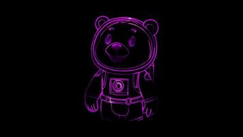 Neon frame effect, bear wearing a space helmet and floating in zero gravity on black background video