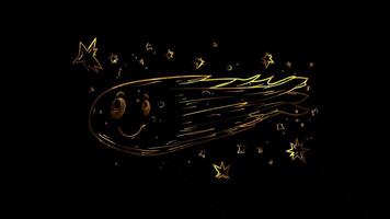 Neon frame effect,comet with a happy face and sparkling tail on black background video