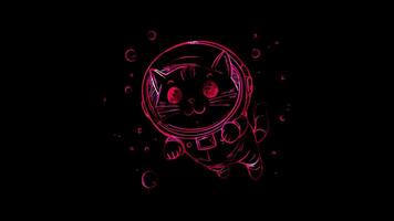 Neon frame effect,cat wearing a space helmet and floating in zero gravity on black background video