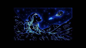 Neon frame effect,dog wearing a space helmet and floating in zero gravity on black background video