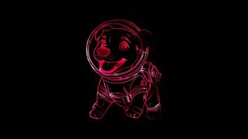 Neon frame effect,dog wearing a space helmet and floating in zero gravity on black background video