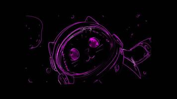 Neon frame effect,cat wearing a space helmet and floating in zero gravity on black background video