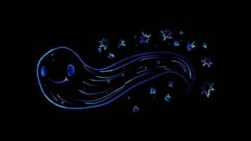 Neon frame effect,comet with a happy face and sparkling tail on black background video