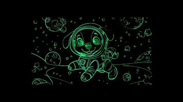 Neon frame effect,dog wearing a space helmet and floating in zero gravity on black background video