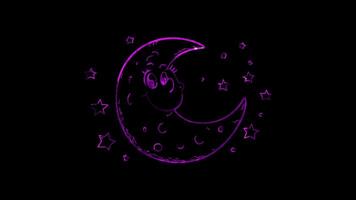 Neon frame effect, crescent moon with a happy face and twinkling stars on black background video