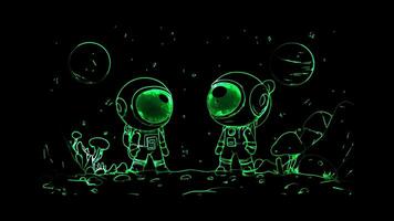 Neon frame effect, astronaut and alien friends exploring space together on black background video