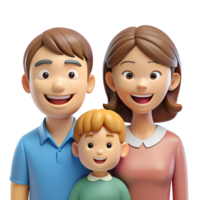 3D animated family of three, a man, a woman, and a boy, all smiling png