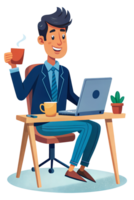 Cartoon style of A young professional on a call, sitting at a stylish desk with a laptop, notepad, and a cup of tea, smiling and engaged in conversation png