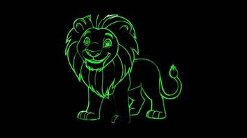 Neon frame effect, lion with a big mane and a friendly face on black background video