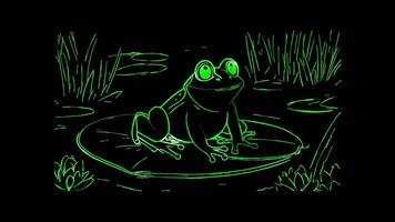 Neon frame effect, frog sitting on a lily pad on black background video