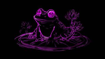 Neon frame effect, frog sitting on a lily pad on black background video