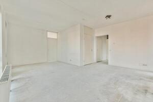 An empty room with white walls and a radiator photo