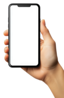 A person holding a smartphone with a blank screen isolated on transparent background png