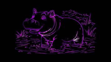 Neon frame effect, hippo with a big smile splashing in a waterhole on black background video