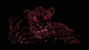 Neon frame effect, jaguar with a friendly smile and playful paws on black background video