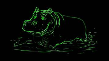 Neon frame effect, hippo with a big smile splashing in a waterhole on black background video