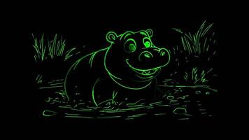 Neon frame effect, hippo with a big smile splashing in a waterhole on black background video