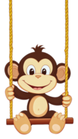 Happy cartoon monkey swinging on a rope swing isolated on transparent background png