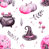 Seamless pattern for Halloween. Hand-drawn with watercolor. Drawn attributes of a magical sabbath. witch hat, pumpkins, poisonous mushrooms, cauldron with potion, spider on web, full moon. Background png