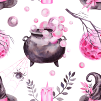 Seamless pattern for Halloween. Hand-drawn with watercolor. Drawn attributes of the witch's sabbath. hat, cauldron with potion, spider on web, full moon, candle. Background for wrapping paper, fabric png