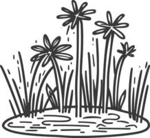 A drawing of a pond with flowers and grass vector
