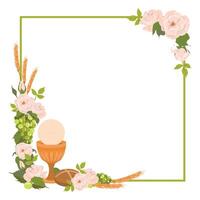 Square frame with first communion symbols. . Composition from a golden bowl for wine, bread, wine, grapes, white roses. Beautiful design elements for an invitation to the Holy Eucharist. vector