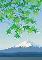 Spring branches on the background of Mount Fuji. The warm season, the beginning of summer, the snow at the top has not yet melted. Green Japanese leaves hang down from above. horizontal format. vector