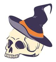 Illustration of human skull in pointed witch hat. stylized cranium and magic cap for Halloween decor or product design in mystical style, attribute for witches' magical rituals. vector