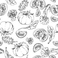 Mix of green salad leaves and red tomato slices for diet and healthy lifestyle, vegan cooking. Hand drawn ink. Illustration seamless pattern background. Design recipe book, website, card, menu vector